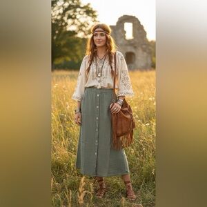Cobblestone Living Linen Maxi Skirt Sage Green L XL Boho